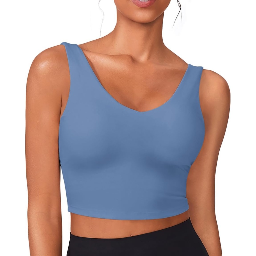 image:imagePINSPARK Sports Bras for Women Built in Bras Padded Yoga Bra V Neck Longline Workout Tank Tops with Removable PadsOasis Blue