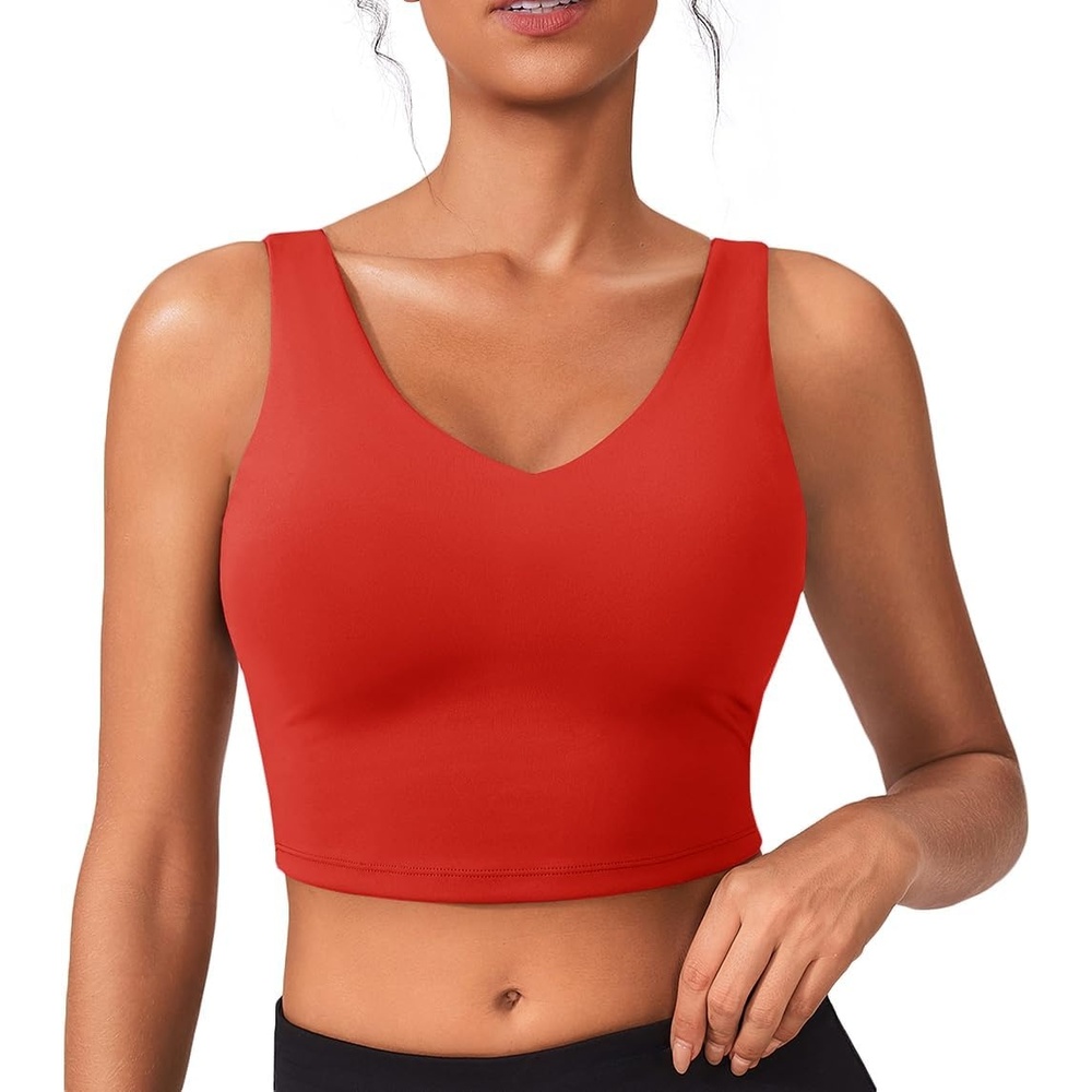 image:imagePINSPARK Sports Bras for Women Built in Bras Padded Yoga Bra V Neck Longline Workout Tank Tops with Removable PadsRed