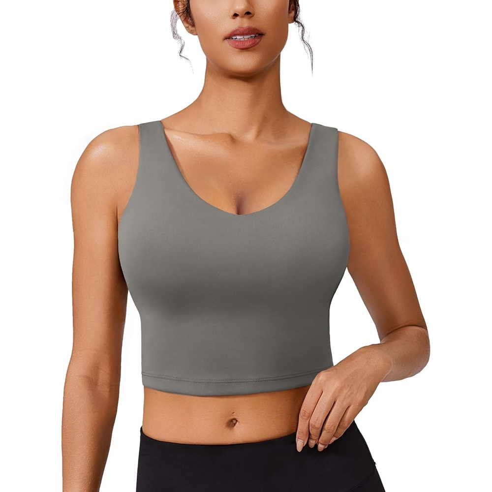 image:imagePINSPARK Sports Bras for Women Built in Bras Padded Yoga Bra V Neck Longline Workout Tank Tops with Removable PadsSage Grey