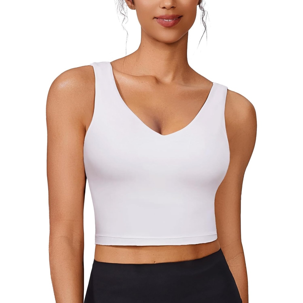image:imagePINSPARK Sports Bras for Women Built in Bras Padded Yoga Bra V Neck Longline Workout Tank Tops with Removable PadsWhite