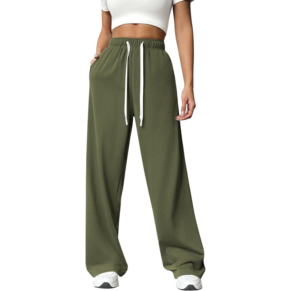 image:imagePINSPARK Wide Leg Sweat Pants for Womens High Waisted Baggy Sweatpants Casual Drawstring Workout Pants with PocketsArmy Green