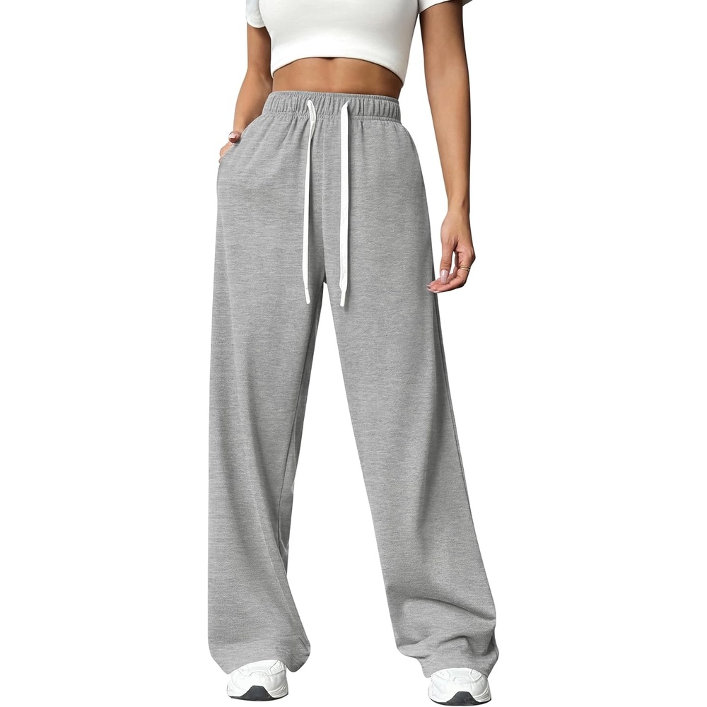 image:imagePINSPARK Wide Leg Sweat Pants for Womens High Waisted Baggy Sweatpants Casual Drawstring Workout Pants with PocketsHeather Light Grey