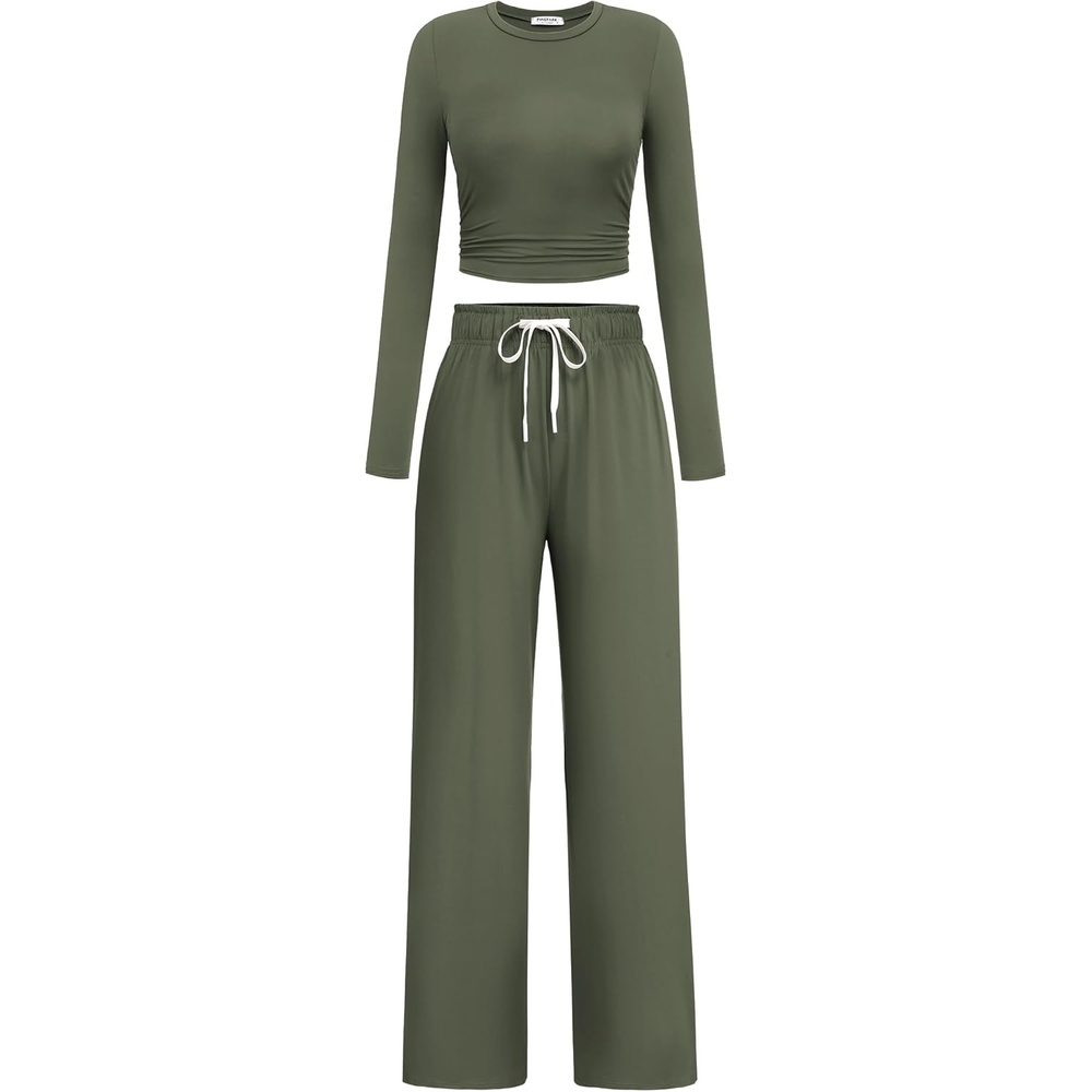 image:imagePINSPARK Women 2 Piece Lounge Set Long Sleeve Cropped Top Wide Leg Pants with Pockets 2024 Fall Outfits Matching TracksuitArmy Green