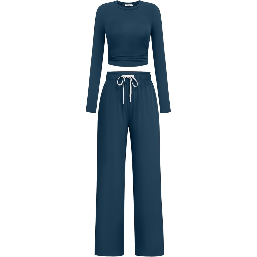 image:imagePINSPARK Women 2 Piece Lounge Set Long Sleeve Cropped Top Wide Leg Pants with Pockets 2024 Fall Outfits Matching TracksuitDark Blue