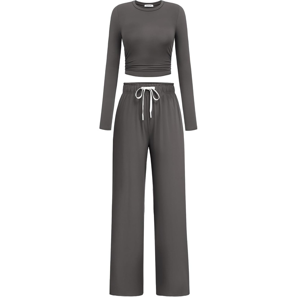 image:imagePINSPARK Women 2 Piece Lounge Set Long Sleeve Cropped Top Wide Leg Pants with Pockets 2024 Fall Outfits Matching TracksuitDark Grey