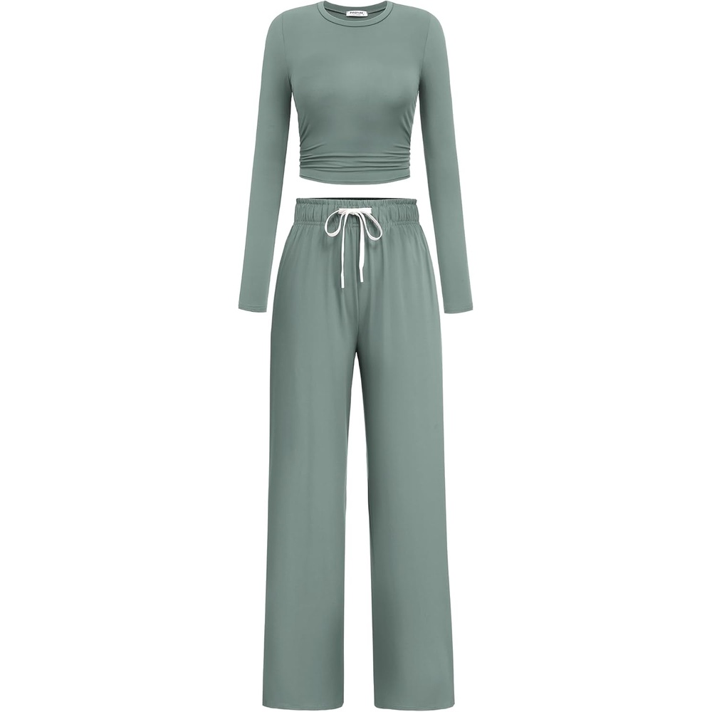image:imagePINSPARK Women 2 Piece Lounge Set Long Sleeve Cropped Top Wide Leg Pants with Pockets 2024 Fall Outfits Matching TracksuitGrey Sage