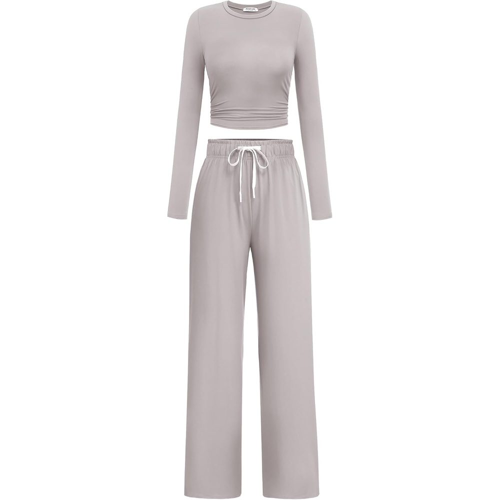 image:imagePINSPARK Women 2 Piece Lounge Set Long Sleeve Cropped Top Wide Leg Pants with Pockets 2024 Fall Outfits Matching TracksuitLight Grey