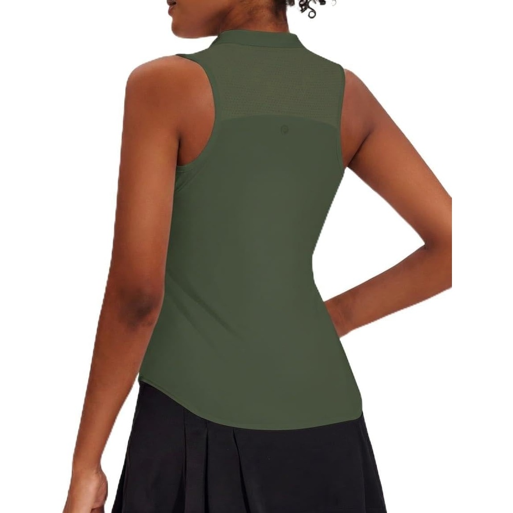 image:imagePINSPARK Women Golf Shirts Sleeveless UPF 50 Tennis Polo Shirts 14 Zip with Collar Racerback Tank Tops Pickleball ShirtsArmy Green