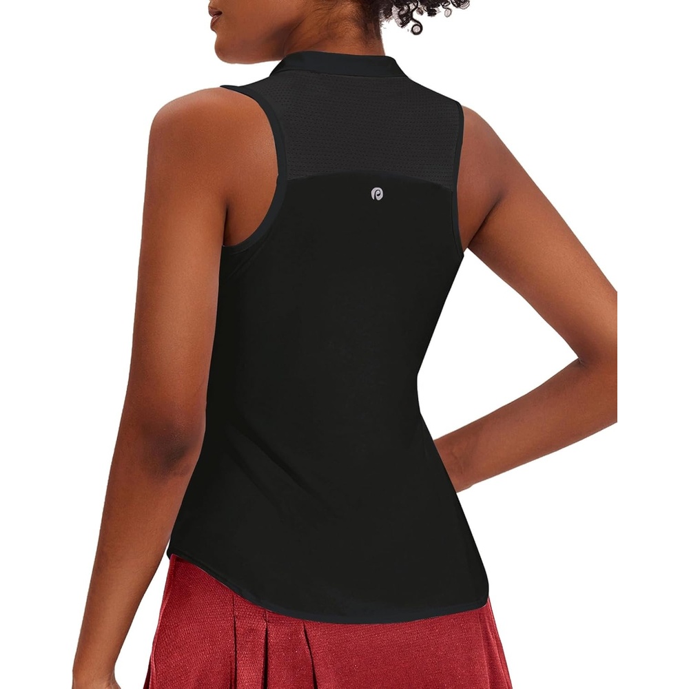 image:imagePINSPARK Women Golf Shirts Sleeveless UPF 50 Tennis Polo Shirts 14 Zip with Collar Racerback Tank Tops Pickleball ShirtsBlack