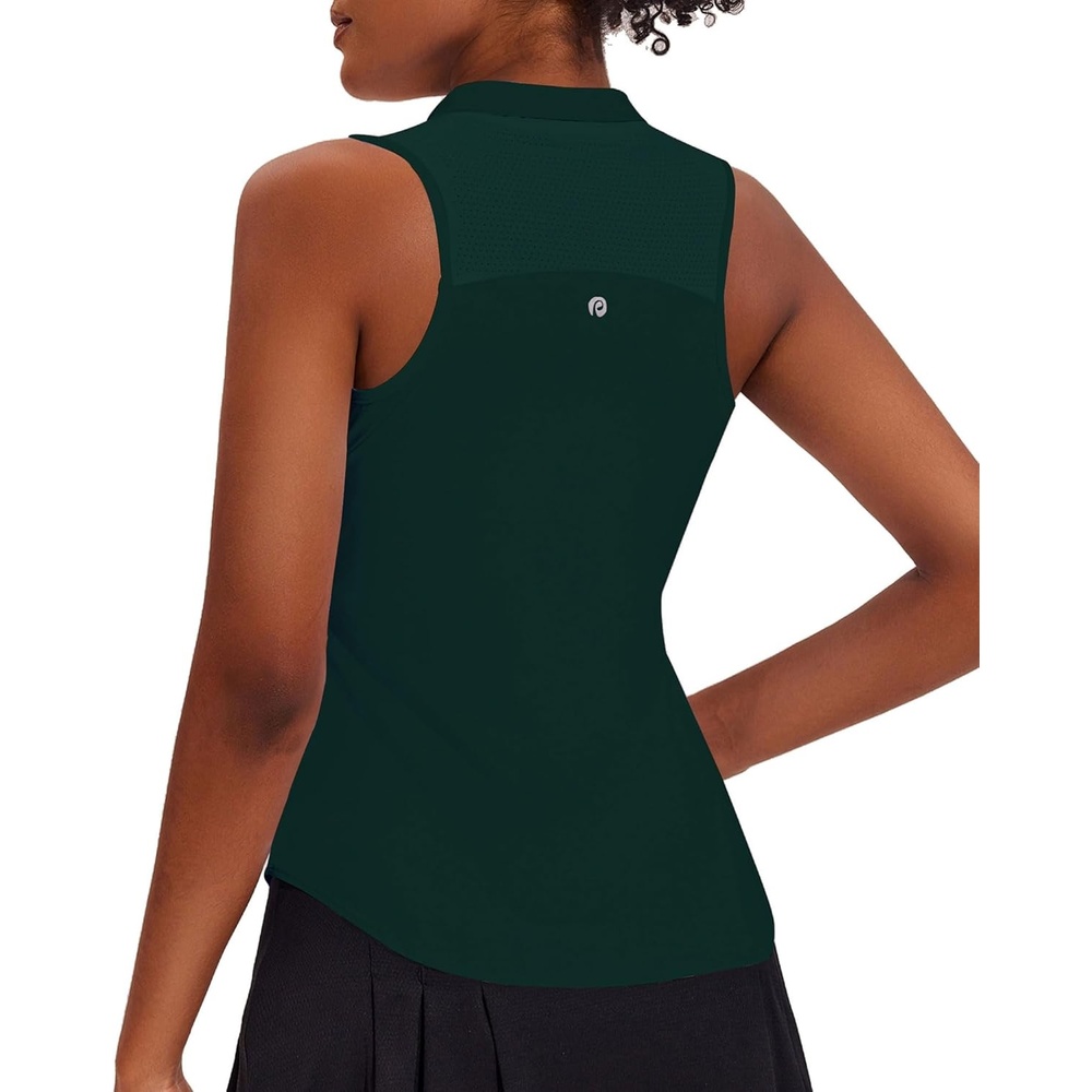 image:imagePINSPARK Women Golf Shirts Sleeveless UPF 50 Tennis Polo Shirts 14 Zip with Collar Racerback Tank Tops Pickleball ShirtsForest Green