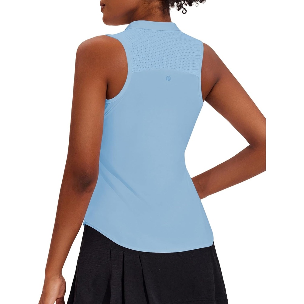 image:imagePINSPARK Women Golf Shirts Sleeveless UPF 50 Tennis Polo Shirts 14 Zip with Collar Racerback Tank Tops Pickleball ShirtsLight Blue