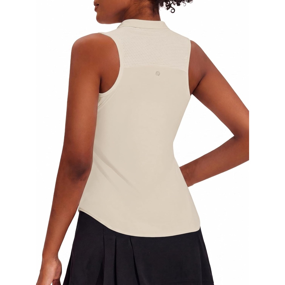 image:imagePINSPARK Women Golf Shirts Sleeveless UPF 50 Tennis Polo Shirts 14 Zip with Collar Racerback Tank Tops Pickleball ShirtsLight Khaki