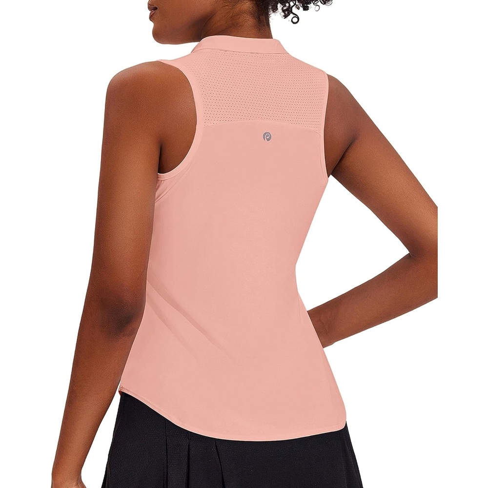 image:imagePINSPARK Women Golf Shirts Sleeveless UPF 50 Tennis Polo Shirts 14 Zip with Collar Racerback Tank Tops Pickleball ShirtsPink