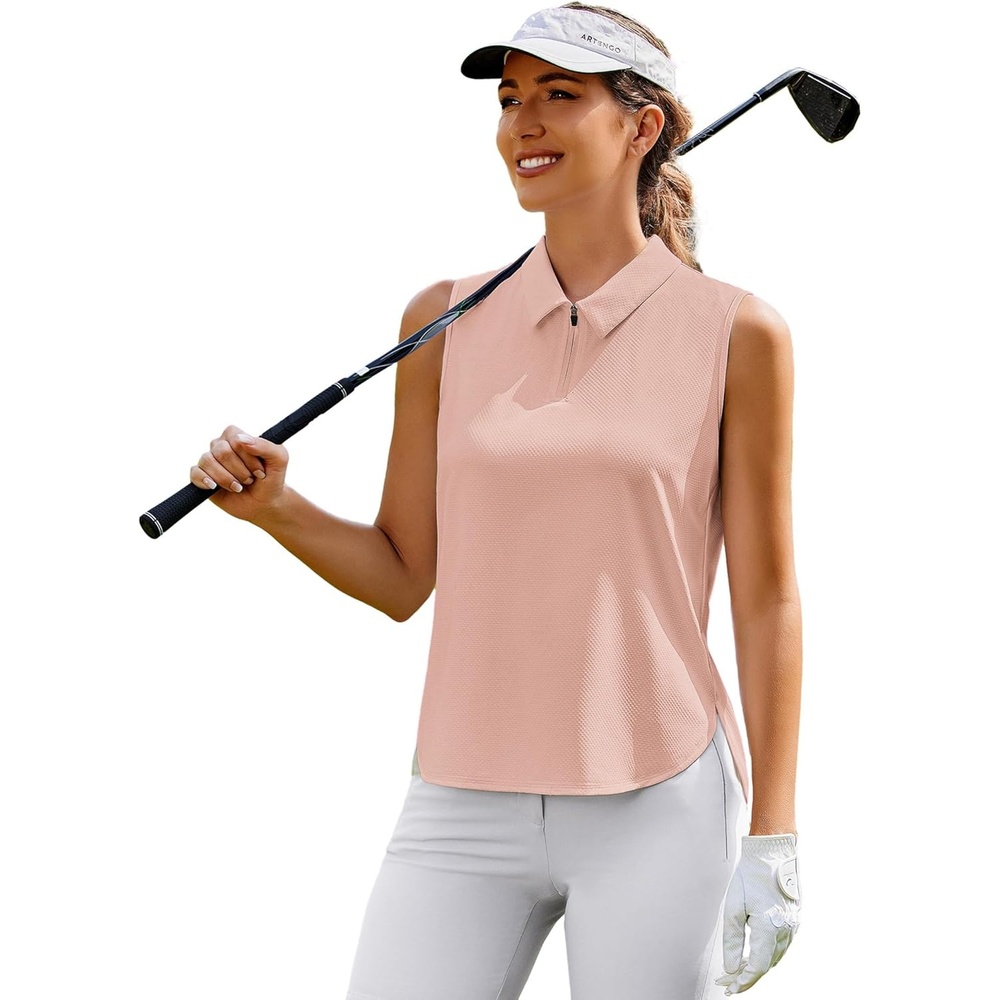 image:imagePINSPARK Women Golf Shirts Sleeveless UPF 50 Tennis Polo VNeck Quick Dry Athletic T Shirt 14 Zip Collar Workout Tank TopPink