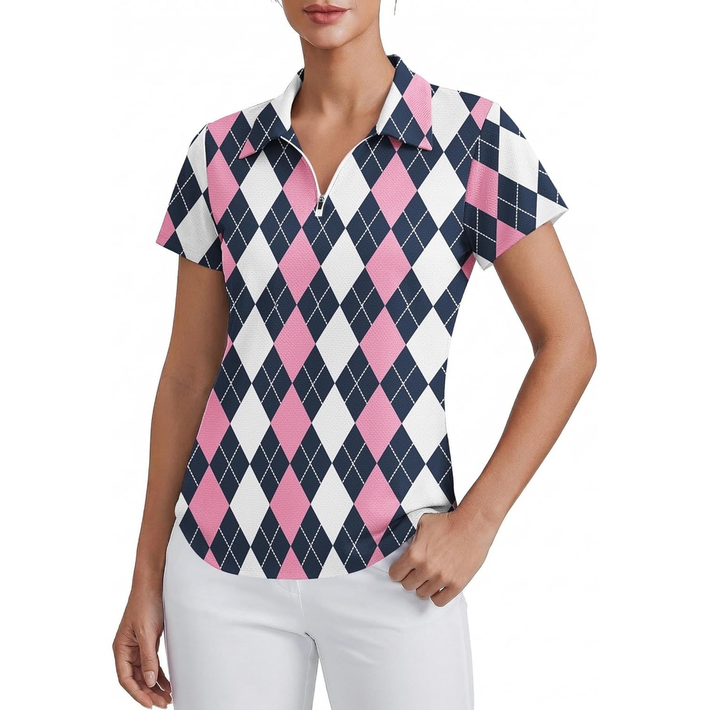 image:imagePINSPARK Womens Golf Shirt Short Sleeve UPF 50 Tennis Polo Shirts 14 Zip Up Collared Quick Dry Athletic Pickleball ShirtBlack Pink Plaid