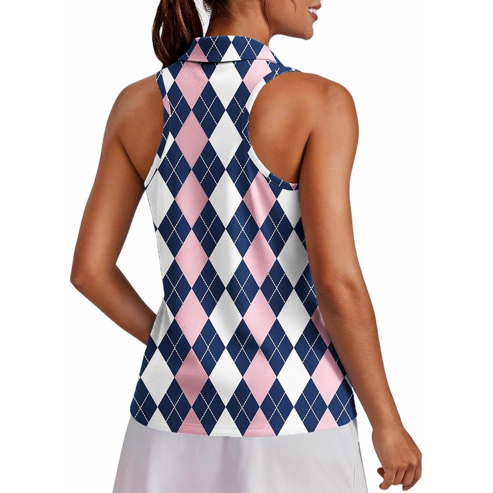 image:imagePINSPARK Womens Golf Shirt UPF 50 Sleeveless Collared Shirts Quick Dry Tennis Polo VNeck Racerback Athletic Workout TankBlack Pink Plaid