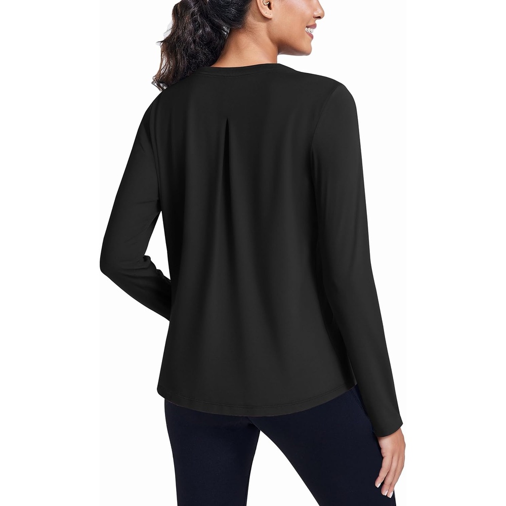 image:imagePINSPARK Workout Tops for Women Long Sleeve Athletic Shirt Soft Loose Fit Exercise Shirt with Back Pleated Pilates Yoga TopsBlack