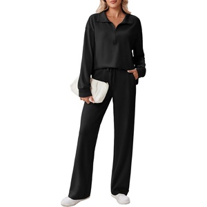 image:imagePINSPARK 2 Piece Sets for Women 12 Zip Sweatsuit Loose Fit Sweatshirt Straight Leg Pants 2025 Matching Outfit Fall TracksuitBlack