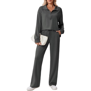 image:imagePINSPARK 2 Piece Sets for Women 12 Zip Sweatsuit Loose Fit Sweatshirt Straight Leg Pants 2025 Matching Outfit Fall TracksuitDark Grey