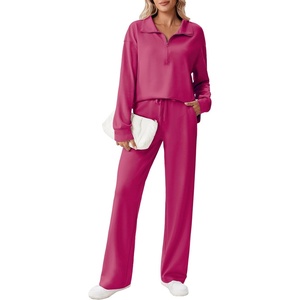 image:imagePINSPARK 2 Piece Sets for Women 12 Zip Sweatsuit Loose Fit Sweatshirt Straight Leg Pants 2025 Matching Outfit Fall TracksuitHot Pink