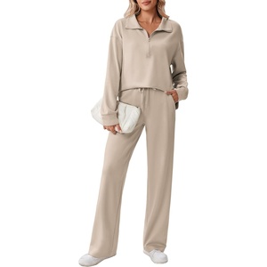 image:imagePINSPARK 2 Piece Sets for Women 12 Zip Sweatsuit Loose Fit Sweatshirt Straight Leg Pants 2025 Matching Outfit Fall TracksuitLight Khaki