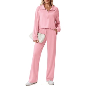 image:imagePINSPARK 2 Piece Sets for Women 12 Zip Sweatsuit Loose Fit Sweatshirt Straight Leg Pants 2025 Matching Outfit Fall TracksuitPink