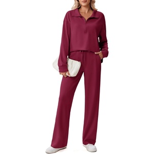 image:imagePINSPARK 2 Piece Sets for Women 12 Zip Sweatsuit Loose Fit Sweatshirt Straight Leg Pants 2025 Matching Outfit Fall TracksuitRed Merlot