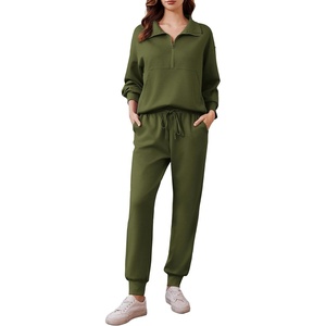 image:imagePINSPARK 2 Piece Sets for Women 2025 Fall Travel Outfits Long Sleeve Tracksuit Joggers Sets Half Zip Sweatsuit Matching SetArmy Green