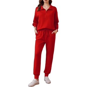 image:imagePINSPARK 2 Piece Sets for Women 2025 Fall Travel Outfits Long Sleeve Tracksuit Joggers Sets Half Zip Sweatsuit Matching SetRed