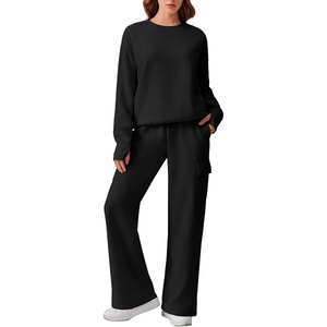 image:imagePINSPARK 2 Piece Sets for Women 2025 Fleece Sweatsuits Oversized Sweatshirts Wide Leg Cargo Sweatpants with Pockets ThumbholeBlack