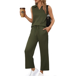 image:imagePINSPARK 2 Piece Sets for Women Sleeveless Matching Lounge Sets V Neck Tops Wide Leg Crop Pants Summer Travel Outfits 2026Army Green