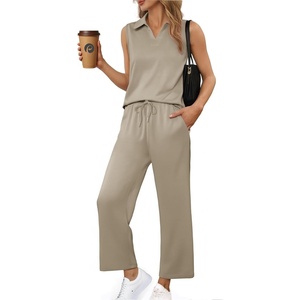 image:imagePINSPARK 2 Piece Sets for Women Sleeveless Matching Lounge Sets V Neck Tops Wide Leg Crop Pants Summer Travel Outfits 2026Beige