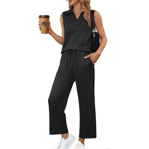 image:imagePINSPARK 2 Piece Sets for Women Sleeveless Matching Lounge Sets V Neck Tops Wide Leg Crop Pants Summer Travel Outfits 2026Black
