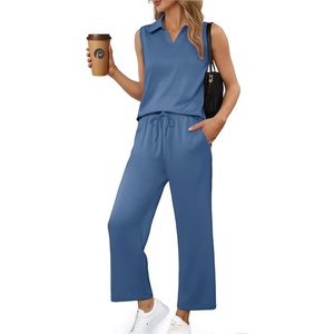 image:imagePINSPARK 2 Piece Sets for Women Sleeveless Matching Lounge Sets V Neck Tops Wide Leg Crop Pants Summer Travel Outfits 2026Blue Grey