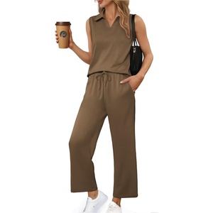 image:imagePINSPARK 2 Piece Sets for Women Sleeveless Matching Lounge Sets V Neck Tops Wide Leg Crop Pants Summer Travel Outfits 2026Brown
