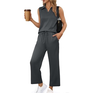 image:imagePINSPARK 2 Piece Sets for Women Sleeveless Matching Lounge Sets V Neck Tops Wide Leg Crop Pants Summer Travel Outfits 2026Dark Grey