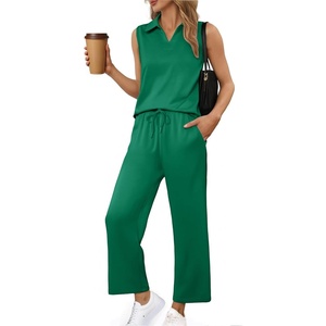 image:imagePINSPARK 2 Piece Sets for Women Sleeveless Matching Lounge Sets V Neck Tops Wide Leg Crop Pants Summer Travel Outfits 2026Green