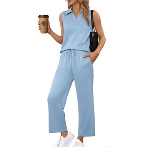 image:imagePINSPARK 2 Piece Sets for Women Sleeveless Matching Lounge Sets V Neck Tops Wide Leg Crop Pants Summer Travel Outfits 2026Light Blue