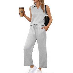 image:imagePINSPARK 2 Piece Sets for Women Sleeveless Matching Lounge Sets V Neck Tops Wide Leg Crop Pants Summer Travel Outfits 2026Light Grey