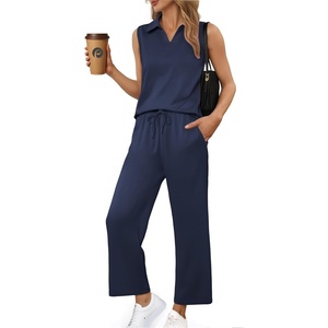 image:imagePINSPARK 2 Piece Sets for Women Sleeveless Matching Lounge Sets V Neck Tops Wide Leg Crop Pants Summer Travel Outfits 2026Navy