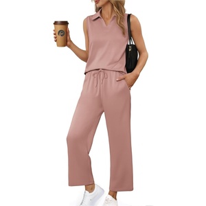 image:imagePINSPARK 2 Piece Sets for Women Sleeveless Matching Lounge Sets V Neck Tops Wide Leg Crop Pants Summer Travel Outfits 2026Pink