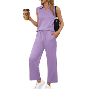 image:imagePINSPARK 2 Piece Sets for Women Sleeveless Matching Lounge Sets V Neck Tops Wide Leg Crop Pants Summer Travel Outfits 2026Purple