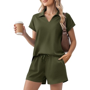 image:imagePINSPARK 2 Piece Sets for Women Summer Lounge Sets Short Sleeve Sweatsuit Vneck Tops and Drawstring Shorts Outfits TracksuitArmy Green