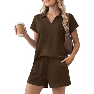 image:imagePINSPARK 2 Piece Sets for Women Summer Lounge Sets Short Sleeve Sweatsuit Vneck Tops and Drawstring Shorts Outfits TracksuitBrown