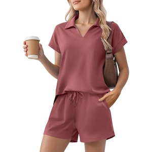 image:imagePINSPARK 2 Piece Sets for Women Summer Lounge Sets Short Sleeve Sweatsuit Vneck Tops and Drawstring Shorts Outfits TracksuitFuchsia