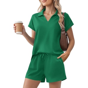 image:imagePINSPARK 2 Piece Sets for Women Summer Lounge Sets Short Sleeve Sweatsuit Vneck Tops and Drawstring Shorts Outfits TracksuitGreen