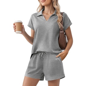 image:imagePINSPARK 2 Piece Sets for Women Summer Lounge Sets Short Sleeve Sweatsuit Vneck Tops and Drawstring Shorts Outfits TracksuitGrey