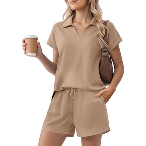 image:imagePINSPARK 2 Piece Sets for Women Summer Lounge Sets Short Sleeve Sweatsuit Vneck Tops and Drawstring Shorts Outfits TracksuitKhaki