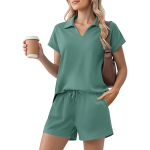 image:imagePINSPARK 2 Piece Sets for Women Summer Lounge Sets Short Sleeve Sweatsuit Vneck Tops and Drawstring Shorts Outfits TracksuitMineral Green