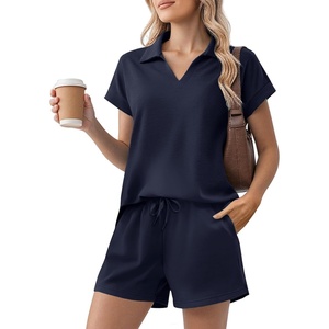image:imagePINSPARK 2 Piece Sets for Women Summer Lounge Sets Short Sleeve Sweatsuit Vneck Tops and Drawstring Shorts Outfits TracksuitNavy Blue